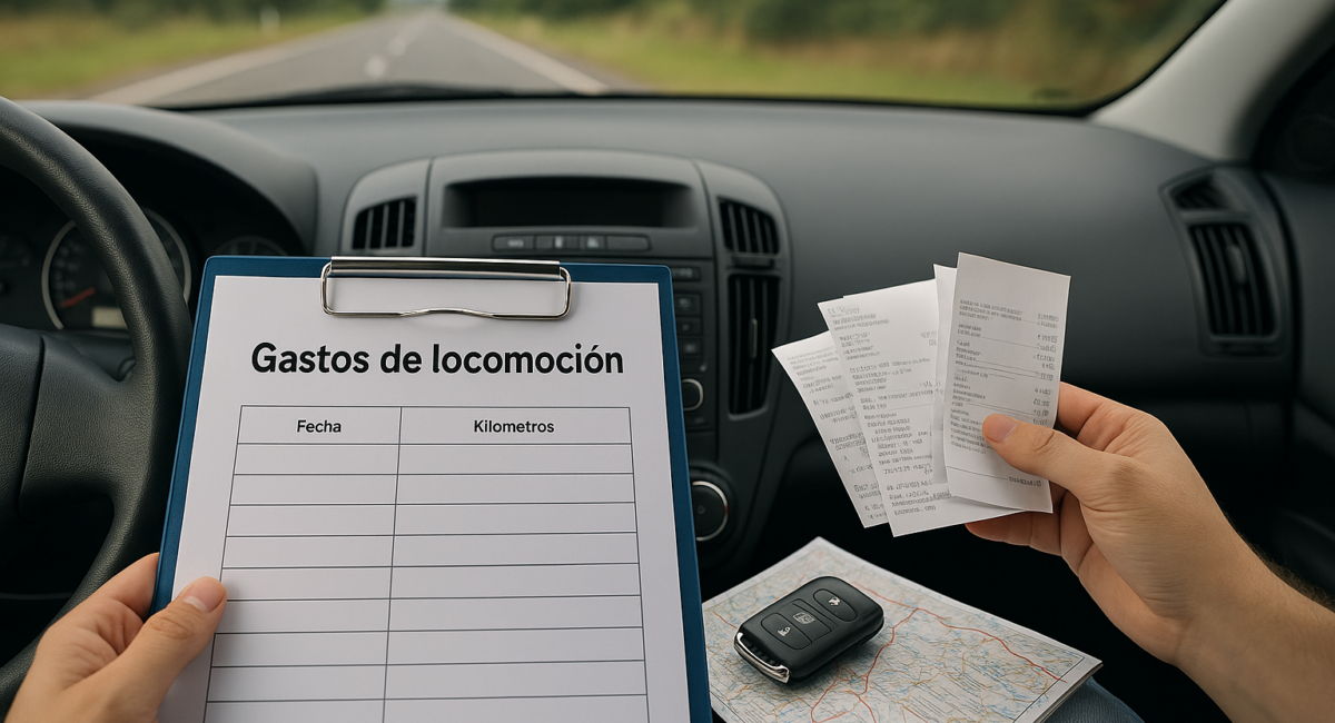 Formulario de gastos de locomoción con tickets y mapa en el interior de un coche en carretera