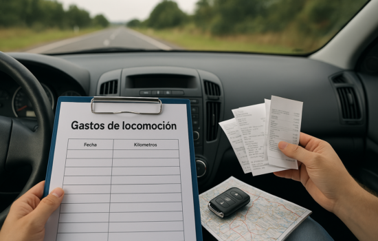 Formulario de gastos de locomoción con tickets y mapa en el interior de un coche en carretera