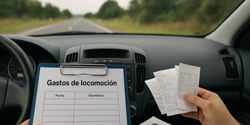Formulario de gastos de locomoción con tickets y mapa en el interior de un coche en carretera