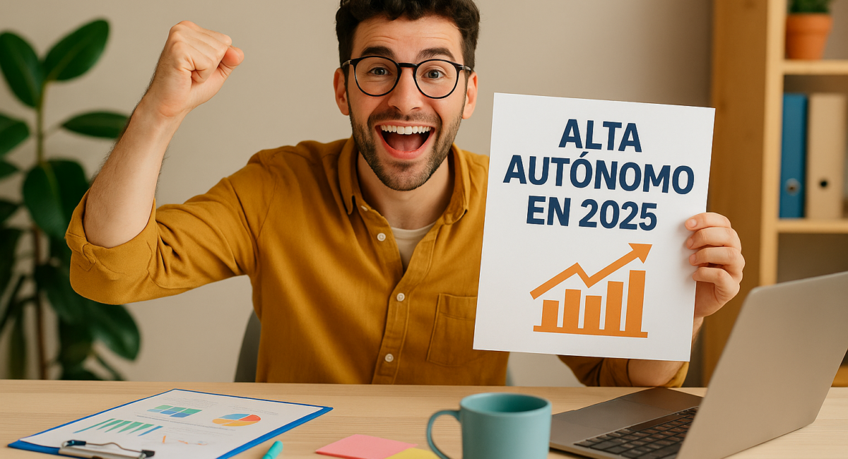 Joven emprendedor feliz tras darse de alta como autónomo en 2025, mostrando cartel con texto y gráficos en una oficina.