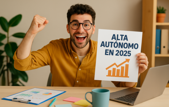 Joven emprendedor feliz tras darse de alta como autónomo en 2025, mostrando cartel con texto y gráficos en una oficina.