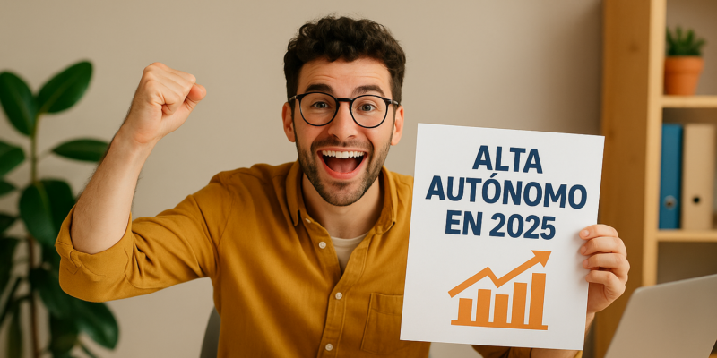 Joven emprendedor feliz tras darse de alta como autónomo en 2025, mostrando cartel con texto y gráficos en una oficina.