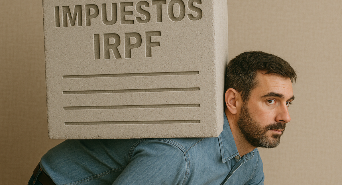 Hombre autónomo cargando un bloque con la inscripción "IMPUESTOS IRPF", simbolizando la presión fiscal y la carga tributaria que enfrentan los trabajadores por cuenta propia en España.