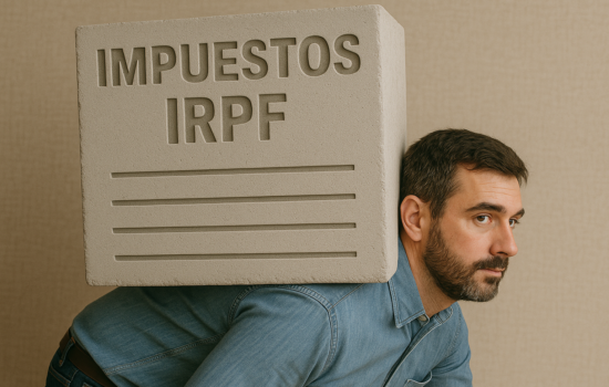 Hombre autónomo cargando un bloque con la inscripción "IMPUESTOS IRPF", simbolizando la presión fiscal y la carga tributaria que enfrentan los trabajadores por cuenta propia en España.
