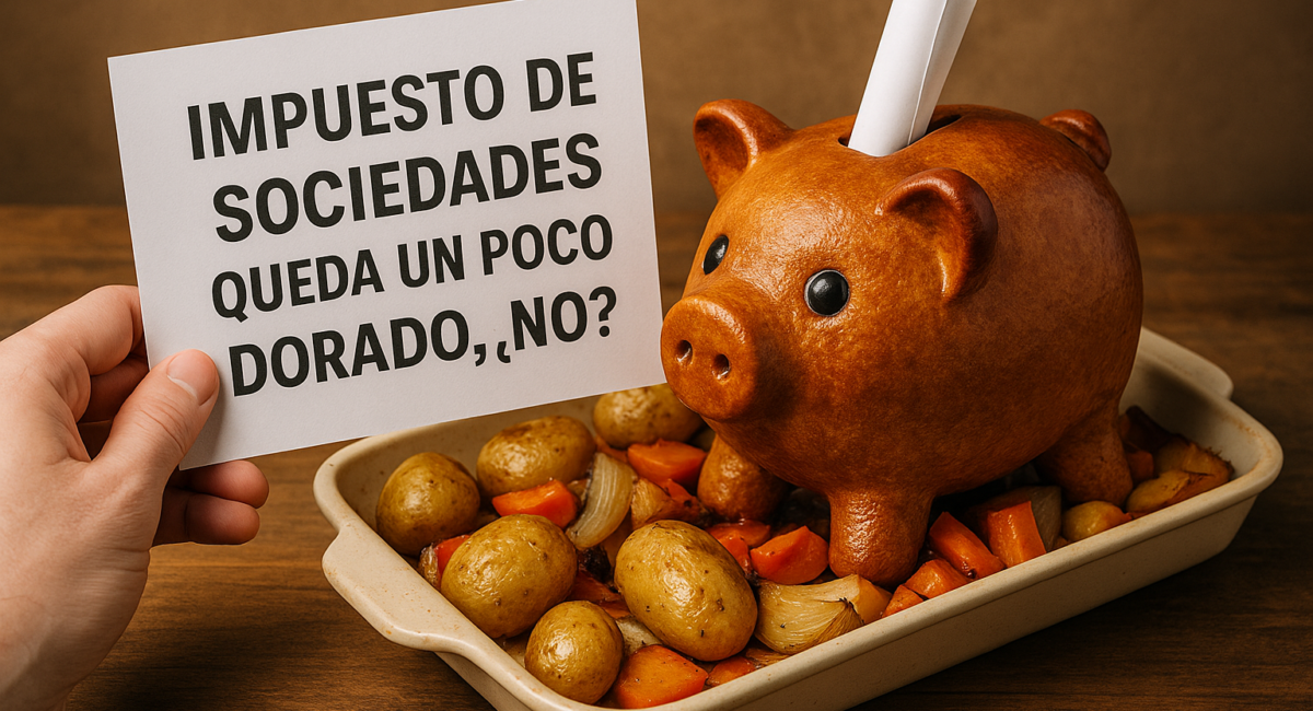 Cerdito al horno con letrero Impuesto de Sociedades