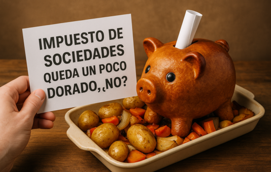 Cerdito al horno con letrero Impuesto de Sociedades