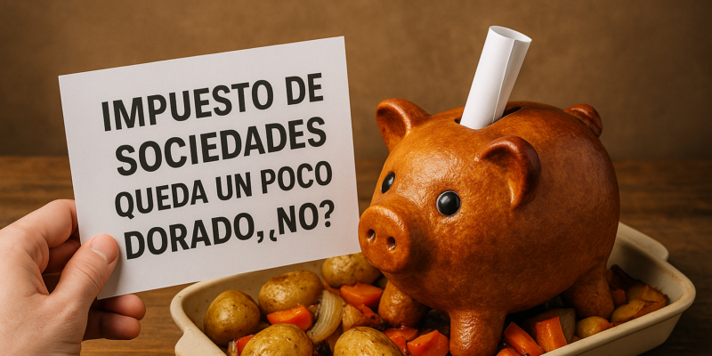 Cerdito al horno con letrero Impuesto de Sociedades