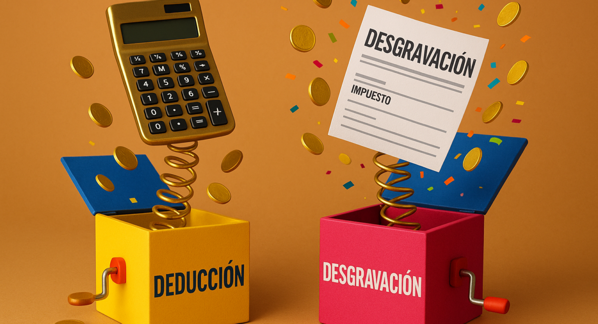 Dos cajas jack-in-the-box horizontales simbolizando las diferencias entre deducción fiscal y desgravación, con una calculadora dorada y un formulario colorido rodeados de confeti y monedas.