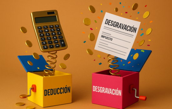 Dos cajas jack-in-the-box horizontales simbolizando las diferencias entre deducción fiscal y desgravación, con una calculadora dorada y un formulario colorido rodeados de confeti y monedas.