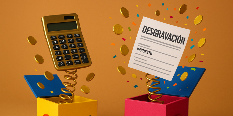 Dos cajas jack-in-the-box horizontales simbolizando las diferencias entre deducción fiscal y desgravación, con una calculadora dorada y un formulario colorido rodeados de confeti y monedas.