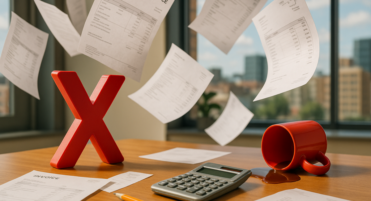 Espacio de trabajo con facturas flotando, un gran símbolo rojo de “X”, calculadora, lápiz y taza de café derramada sobre un escritorio de madera, frente a grandes ventanales urbanos.