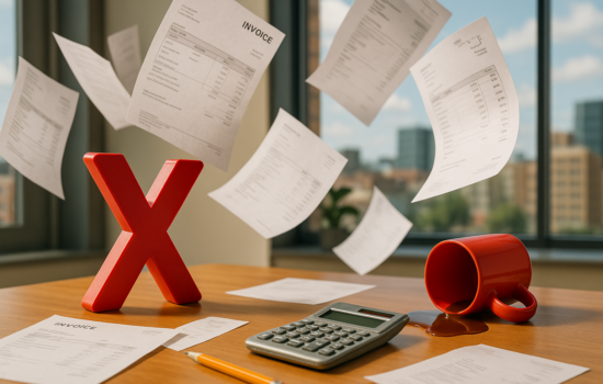 Espacio de trabajo con facturas flotando, un gran símbolo rojo de “X”, calculadora, lápiz y taza de café derramada sobre un escritorio de madera, frente a grandes ventanales urbanos.